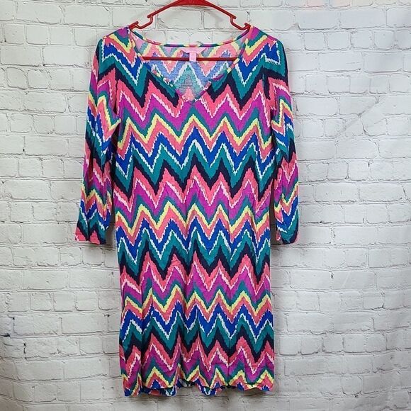 Lilly Pulitzer Hearts Flutter Gretchen Colorful Chevron Pima Cotton Shift Dress - Picture 2 of 9
